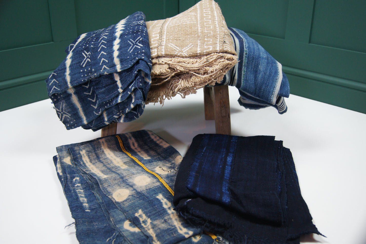 Traditional Vintage Mali Mud Cloth - Light Blue & Cream stripped with Coloured Stitching