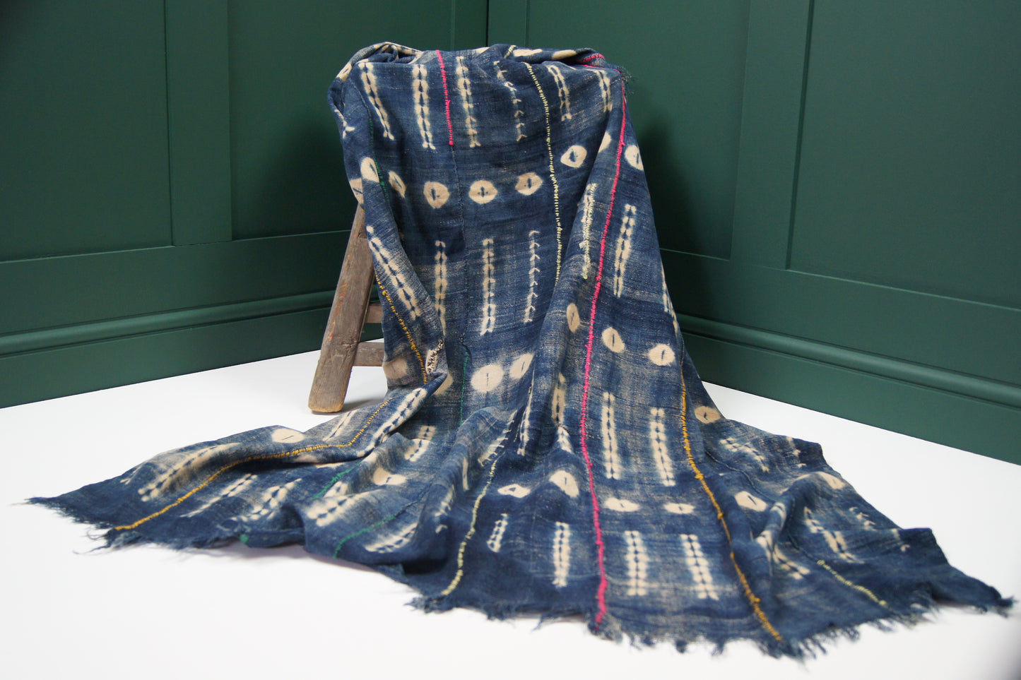 Traditional Vintage Mali Mud Cloth - Light Blue & Cream with Coloured Stitching