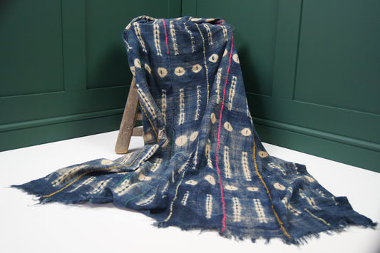 Traditional Vintage Mali Mud Cloth - Light Blue & Cream with Coloured Stitching