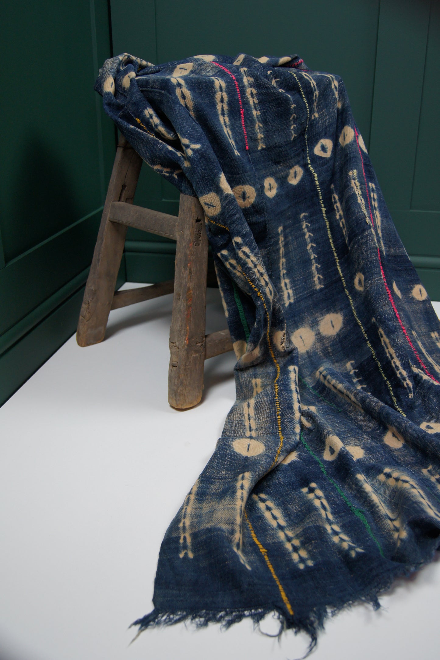 Traditional Vintage Mali Mud Cloth - Light Blue & Cream with Coloured Stitching