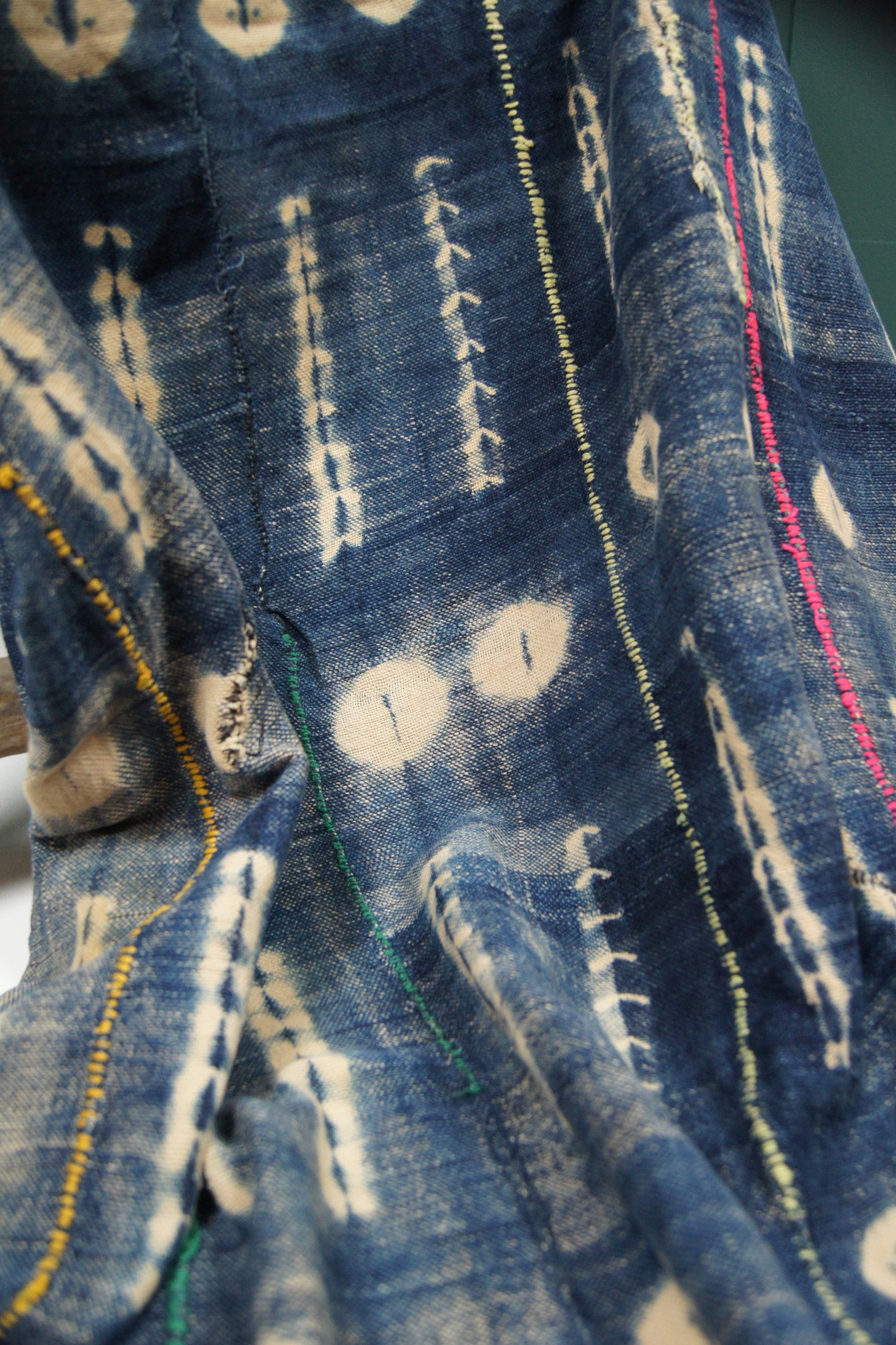 Traditional Vintage Mali Mud Cloth - Light Blue & Cream with Coloured Stitching