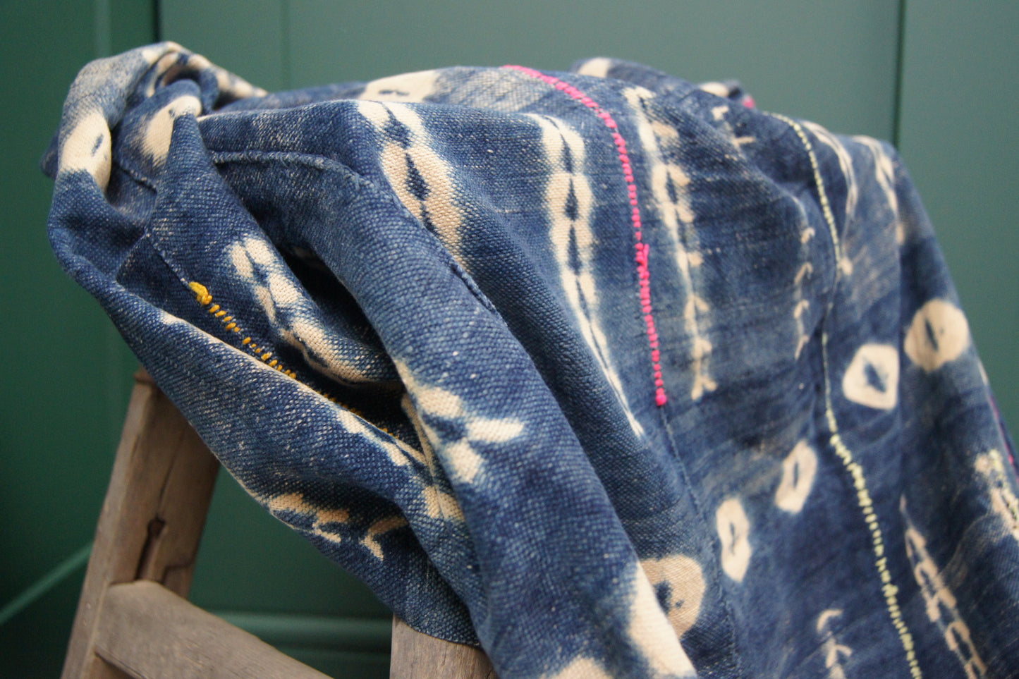 Traditional Vintage Mali Mud Cloth - Light Blue & Cream with Coloured Stitching