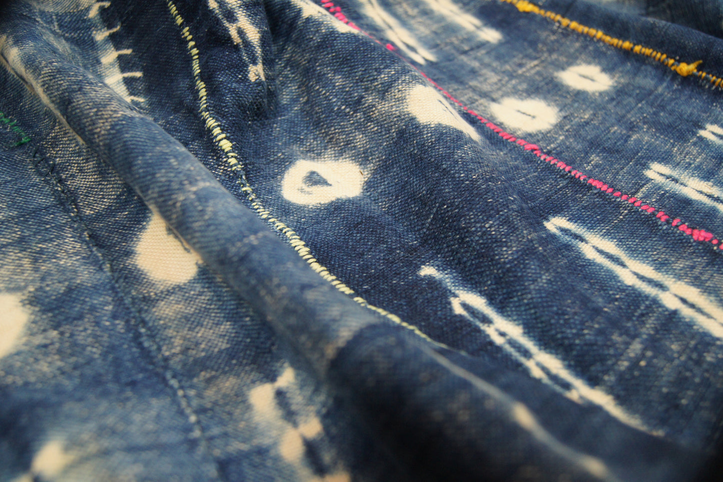 Traditional Vintage Mali Mud Cloth - Light Blue & Cream with Coloured Stitching