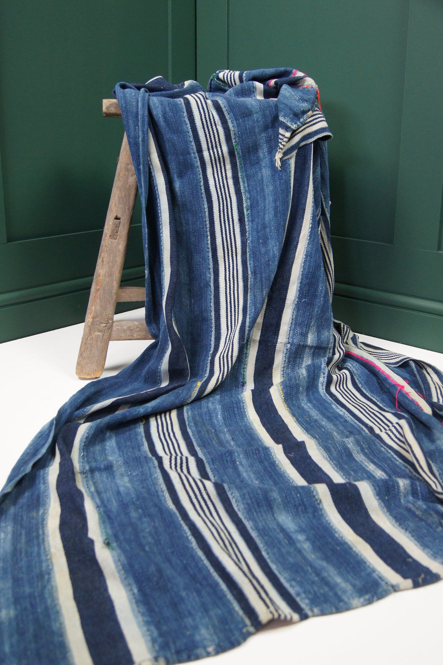 Traditional Vintage Mali Mud Cloth - Light Blue & Cream stripped with Coloured Stitching