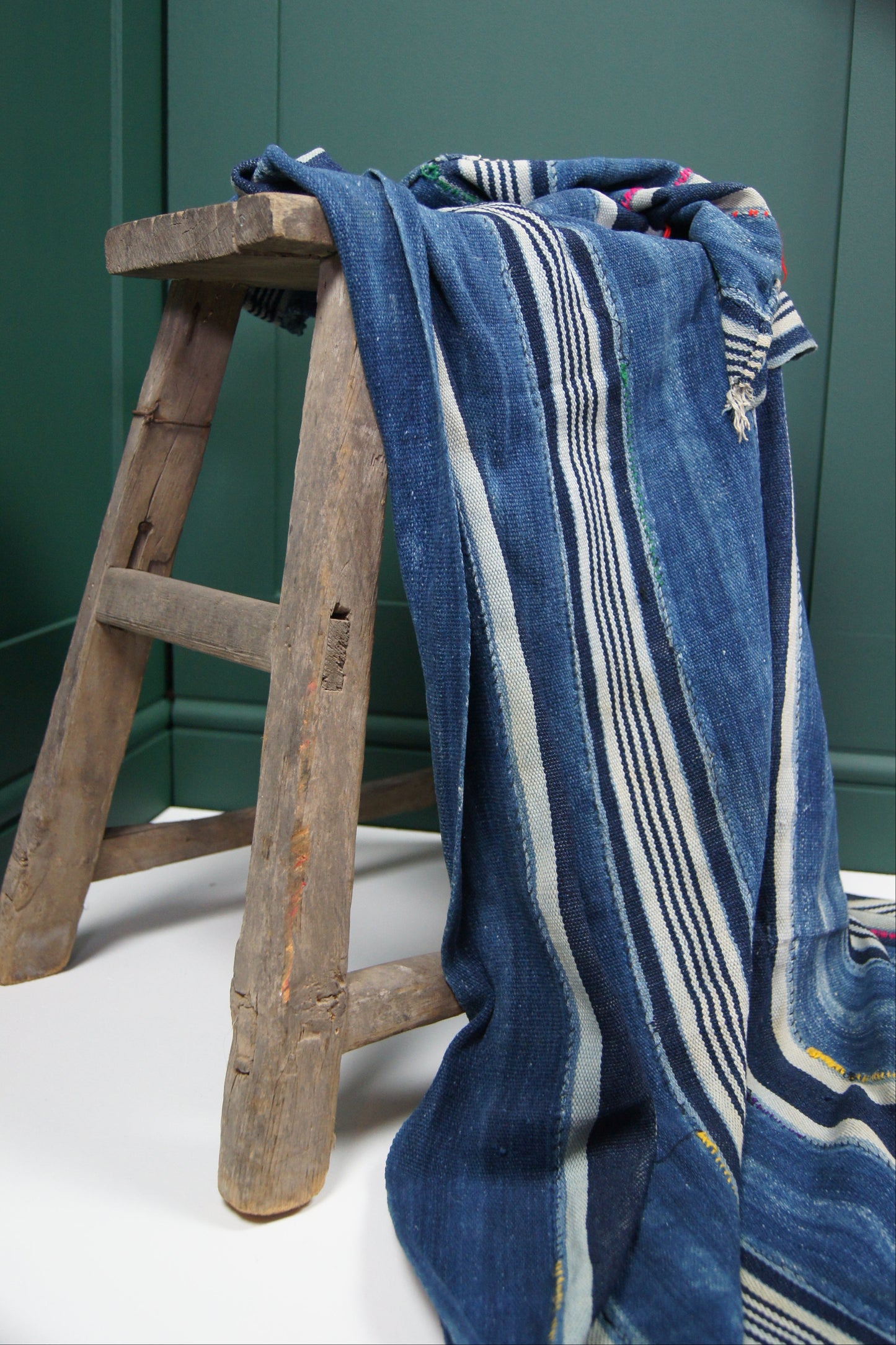 Traditional Vintage Mali Mud Cloth - Light Blue & Cream stripped with Coloured Stitching