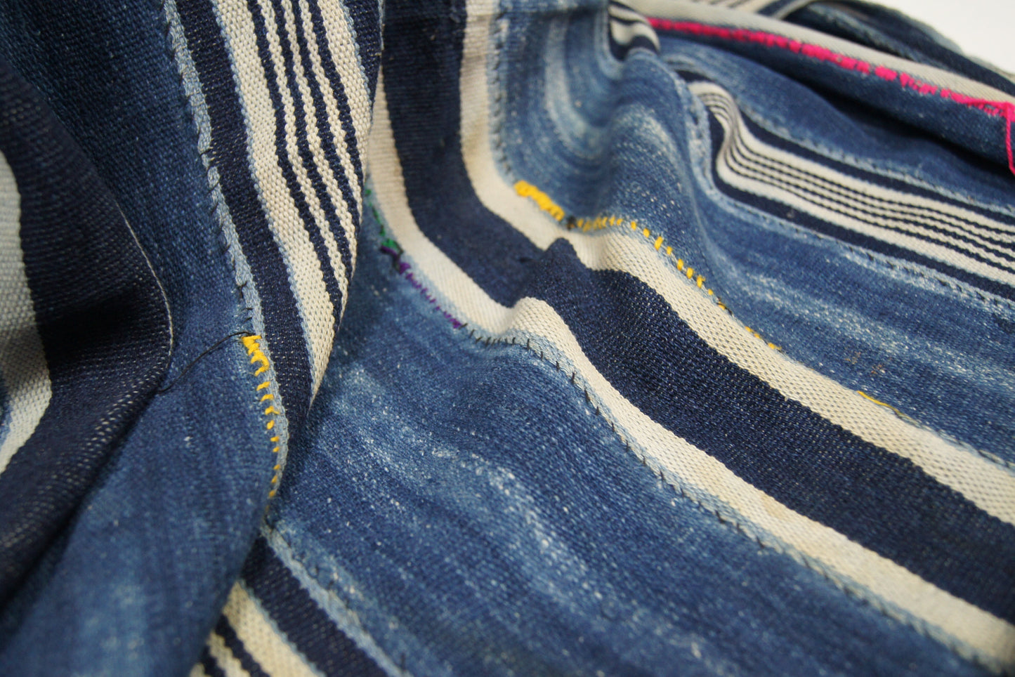 Traditional Vintage Mali Mud Cloth - Light Blue & Cream stripped with Coloured Stitching