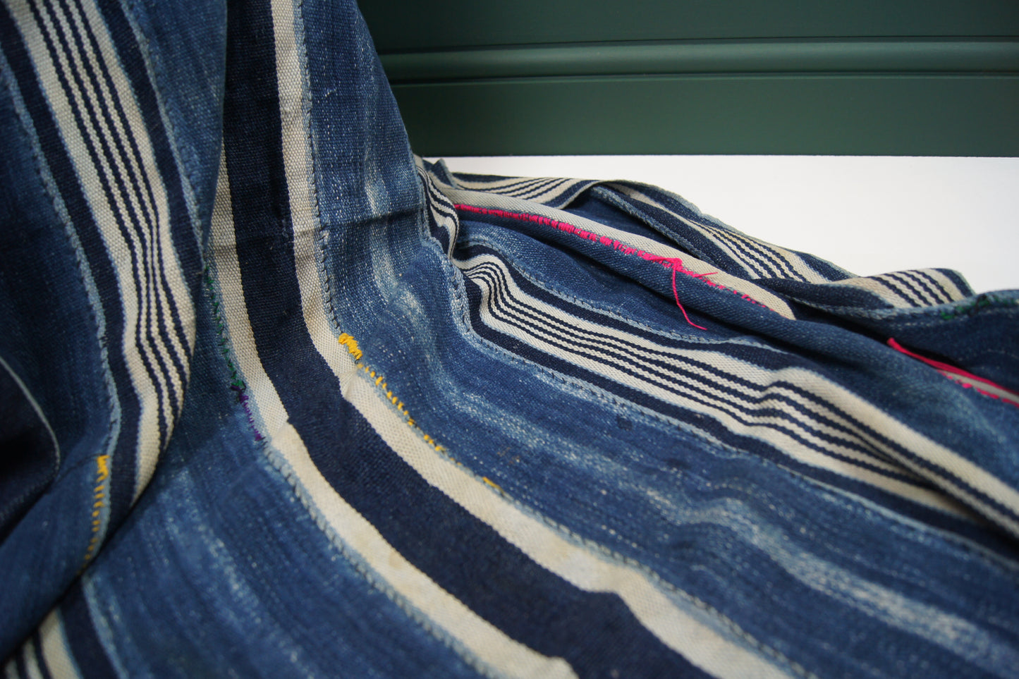 Traditional Vintage Mali Mud Cloth - Light Blue & Cream stripped with Coloured Stitching