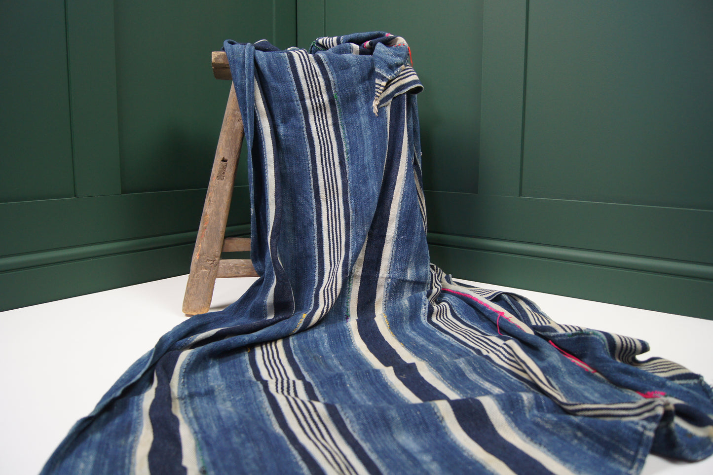 Traditional Vintage Mali Mud Cloth - Light Blue & Cream stripped with Coloured Stitching