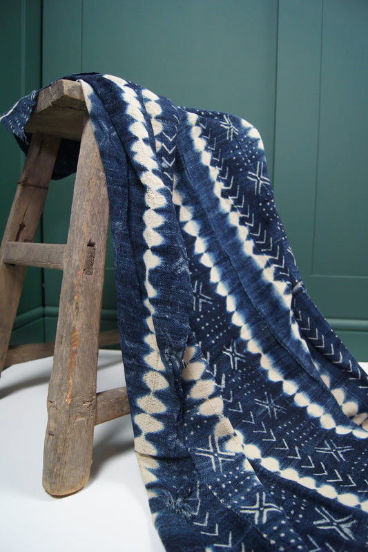 Traditional Vintage Mali Mud Cloth - Light Blue with Cream Patterns