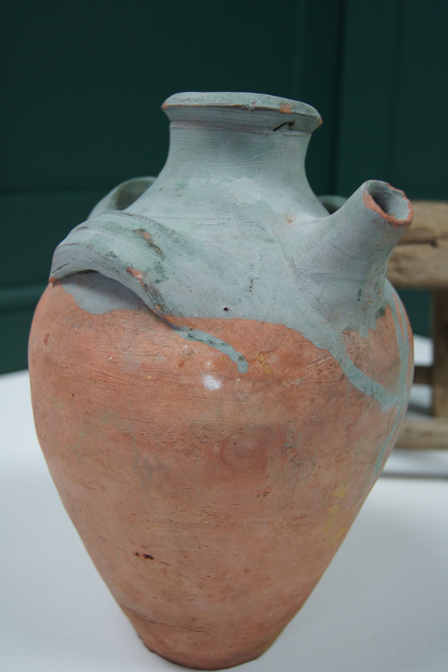Vintage Terracotta Amphora/Jug - Three Handled Blue