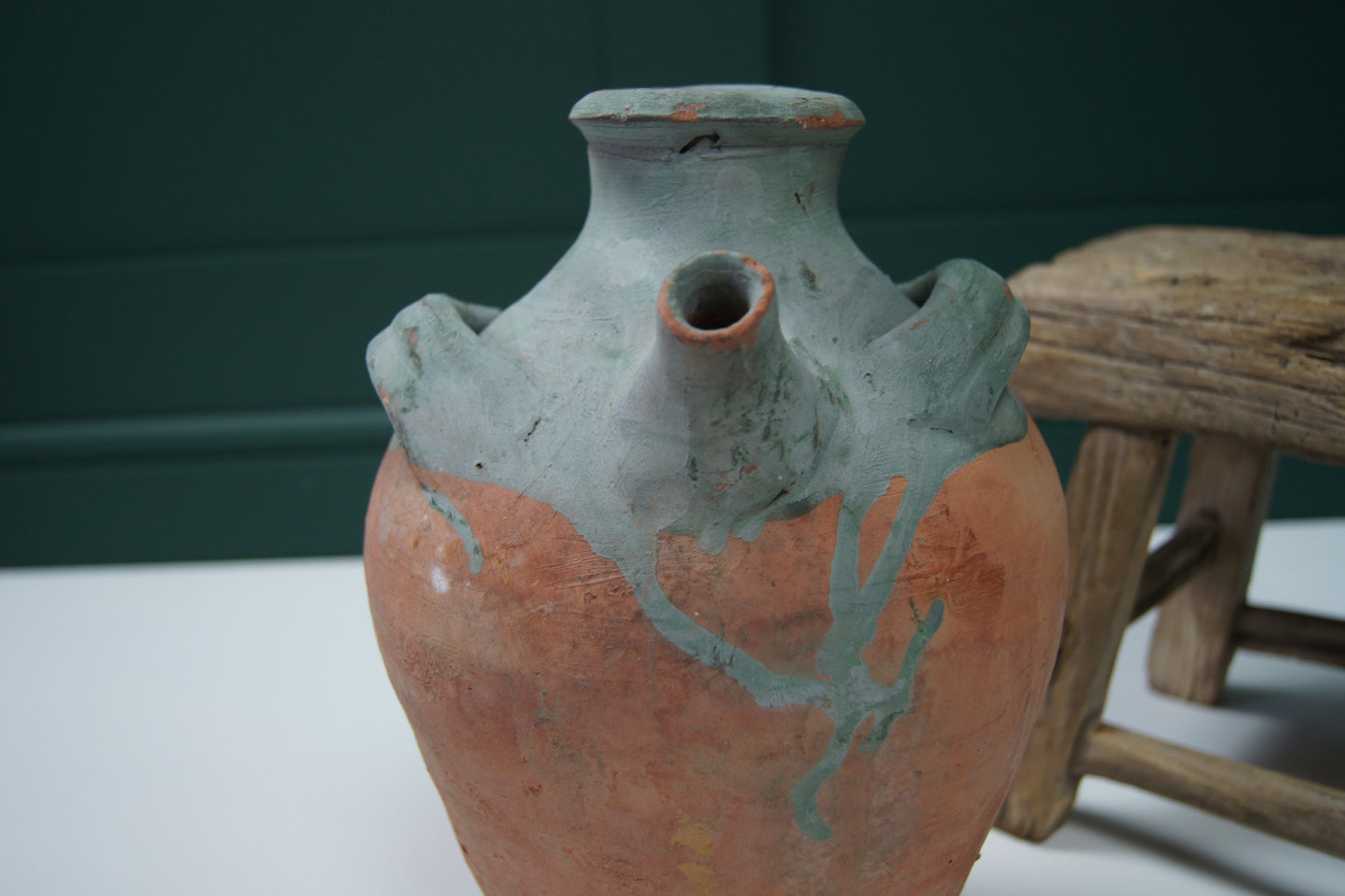 Vintage Terracotta Amphora/Jug - Three Handled Blue