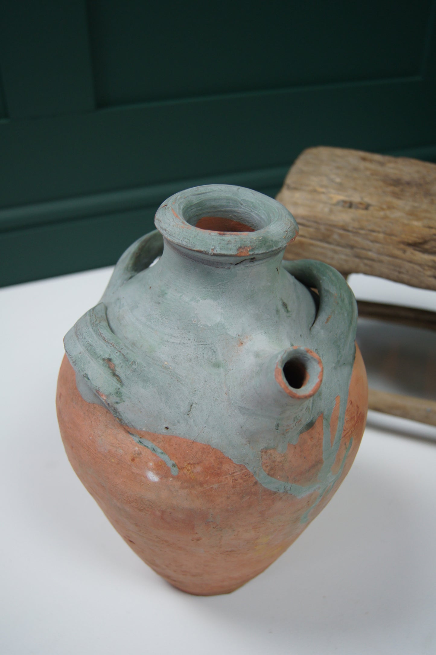 Vintage Terracotta Amphora/Jug - Three Handled Blue