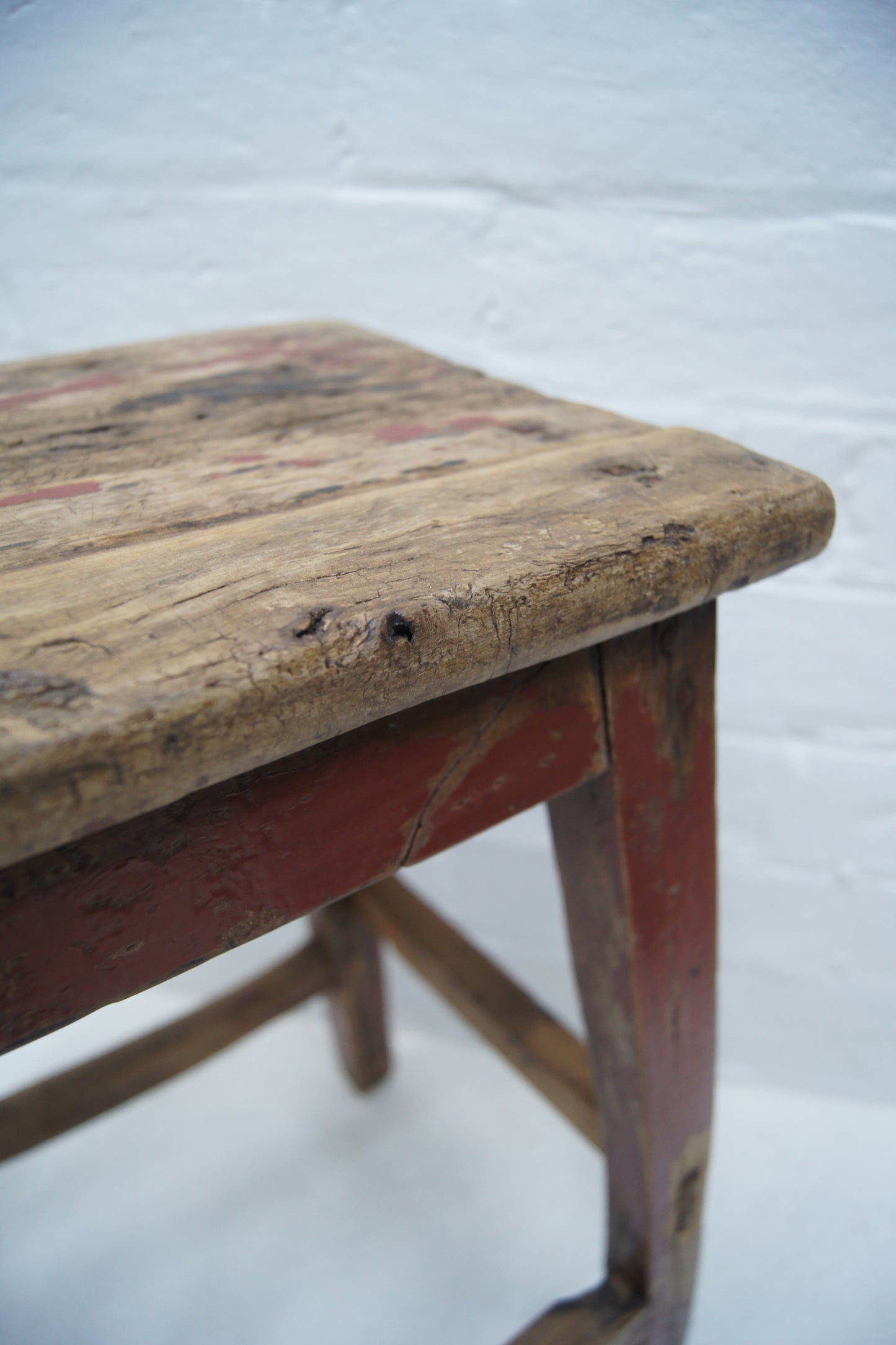 Rustic Vintage Stool with Red Paint