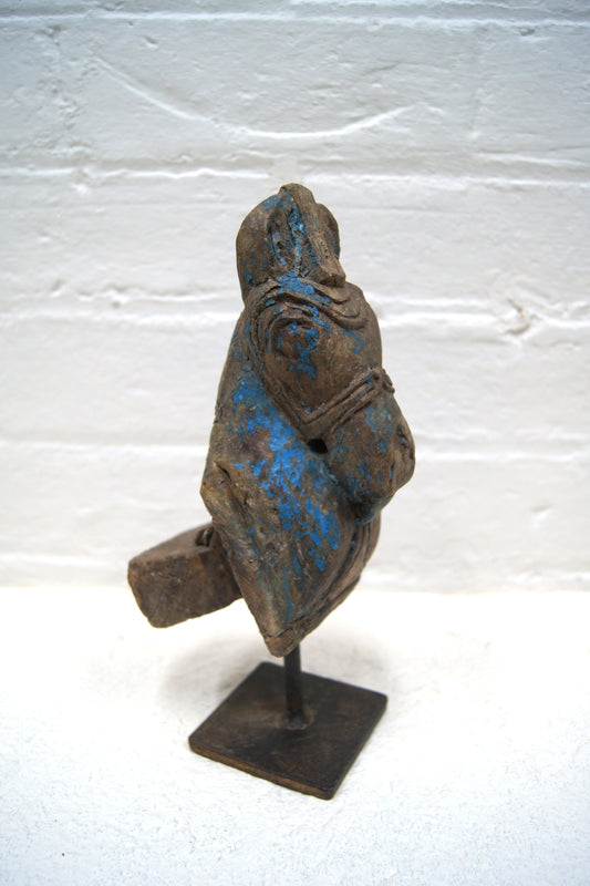 Indian Hand-Carved Wooden Horse Head Sculpture on Metal Stand