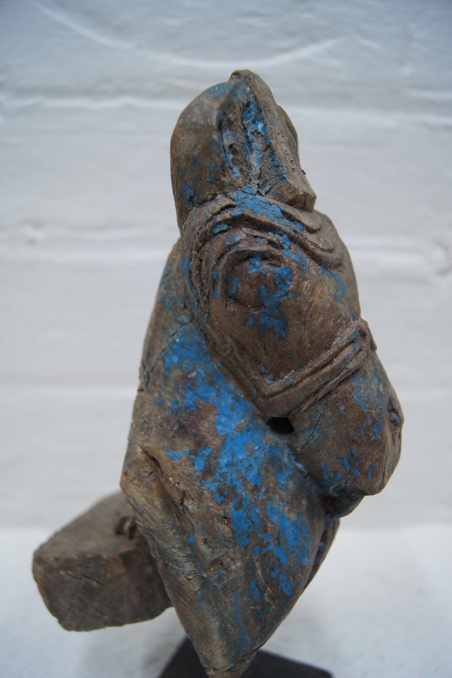 Indian Hand-Carved Wooden Horse Head Sculpture on Metal Stand