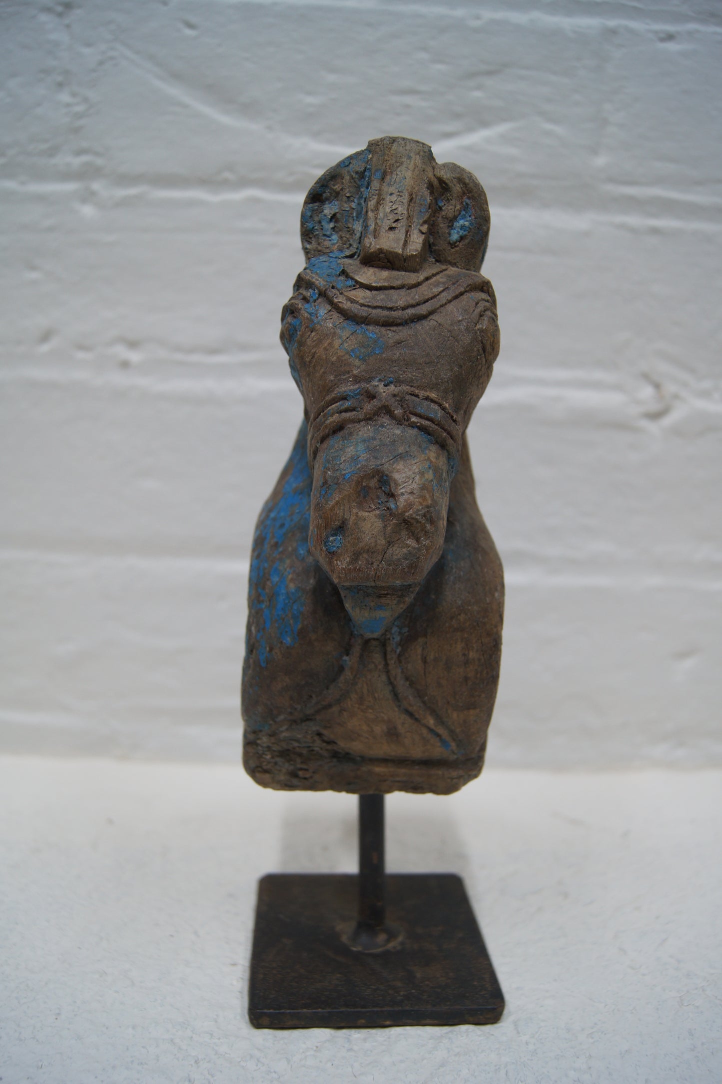 Indian Hand-Carved Wooden Horse Head Sculpture on Metal Stand