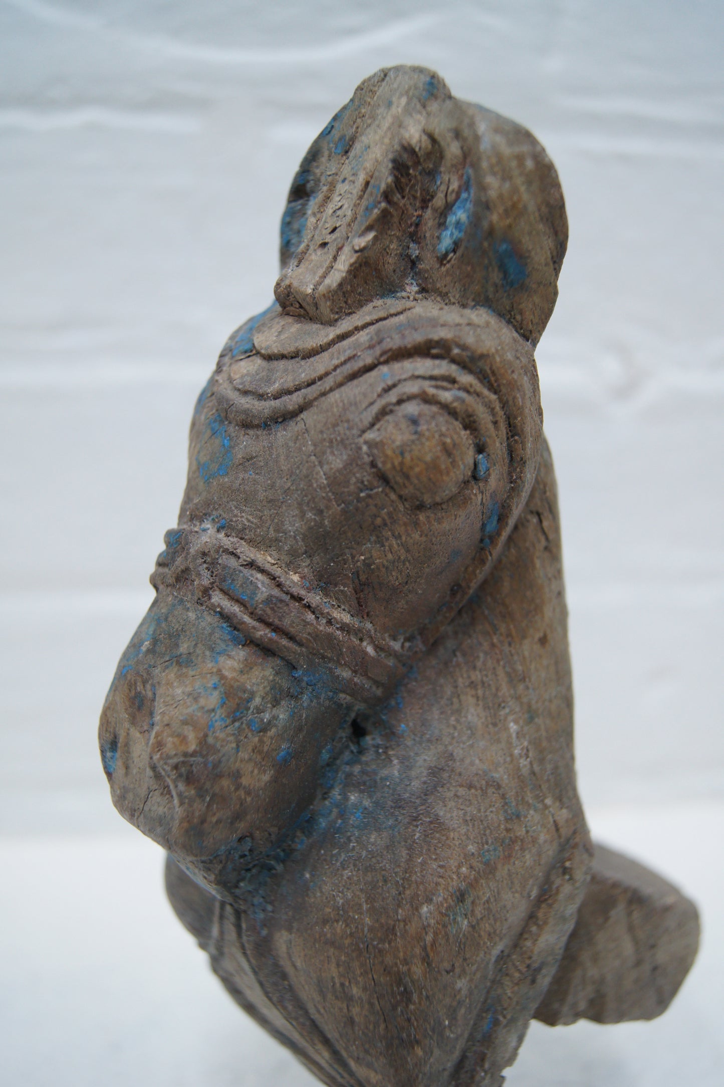 Indian Hand-Carved Wooden Horse Head Sculpture on Metal Stand
