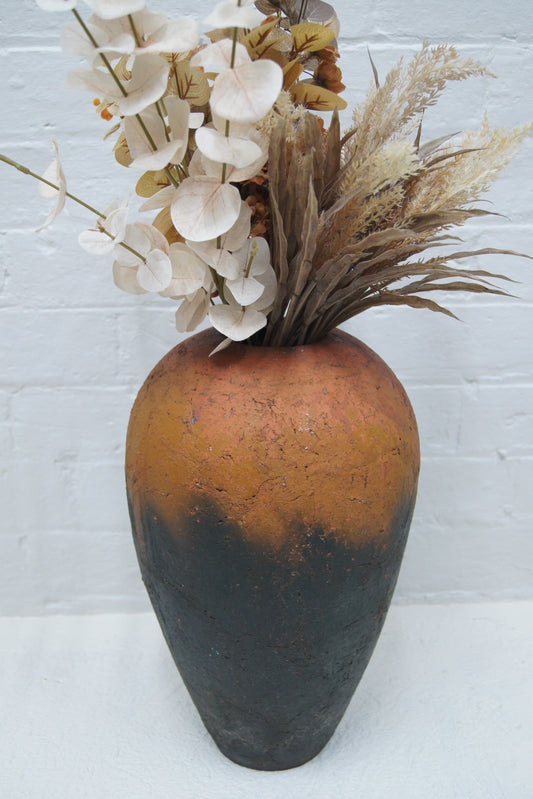 Large Raku Black & Orange Pottery Vase