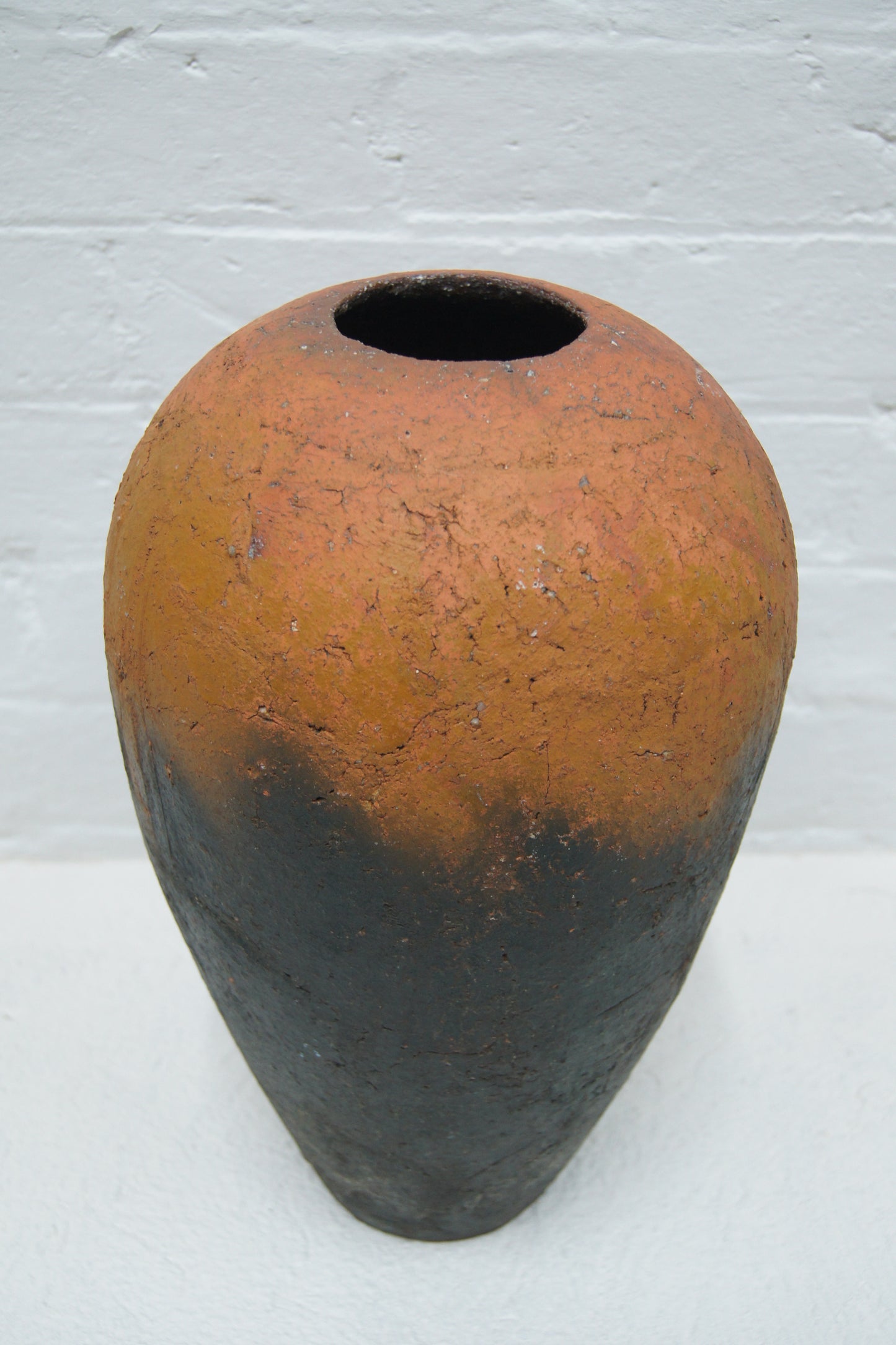 Large Raku Black & Orange Pottery Vase