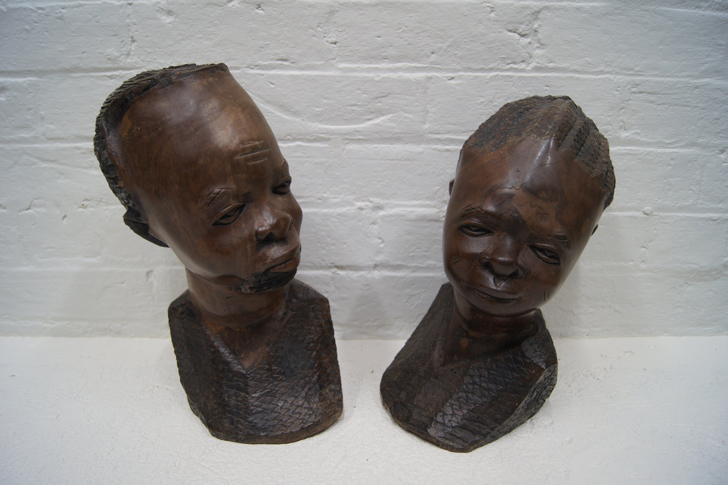 Vintage Hardwood Hand Carved African Head Sculptures