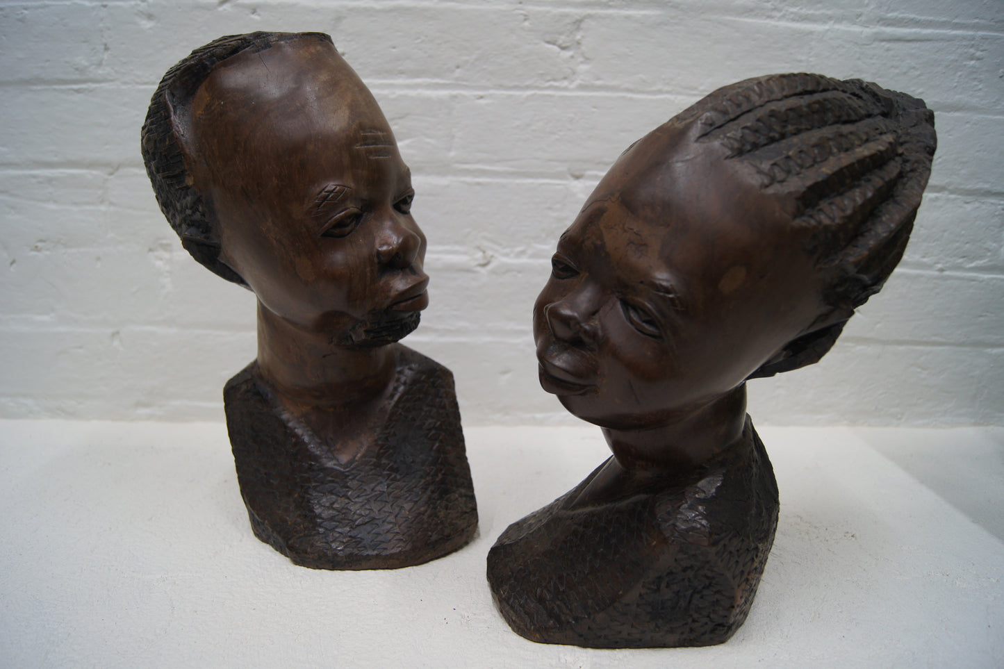 Vintage Hardwood Hand Carved African Head Sculptures