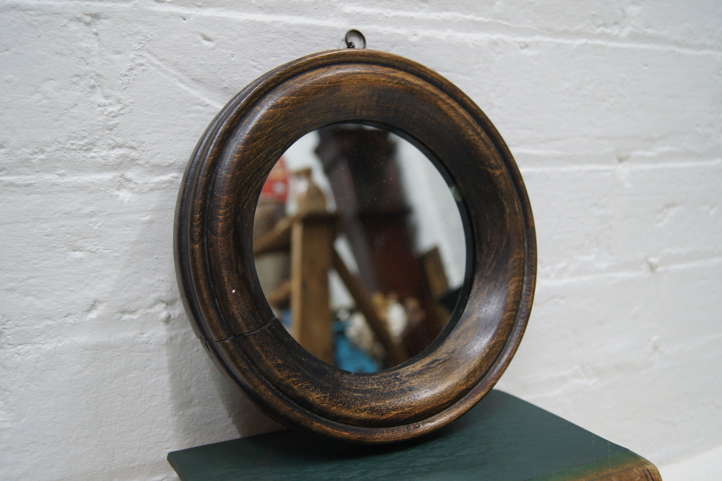 Small Round Oak Antique Mirror