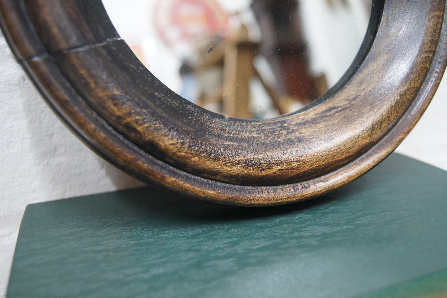 Small Round Oak Antique Mirror