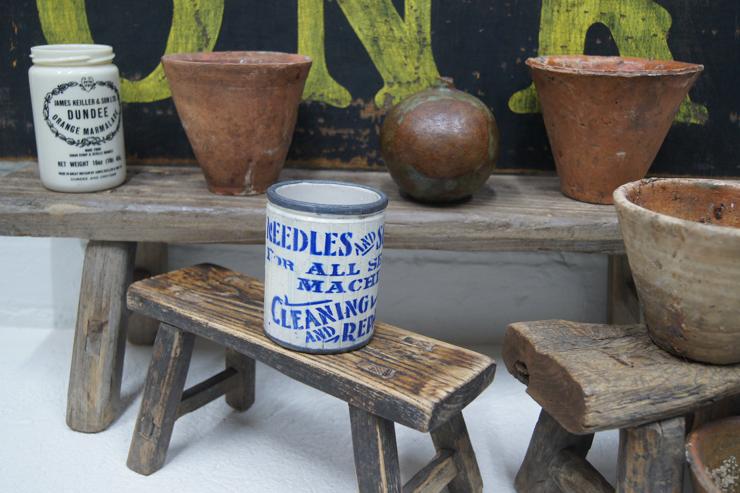 Vintage Stoneware Pot with Metal Rim