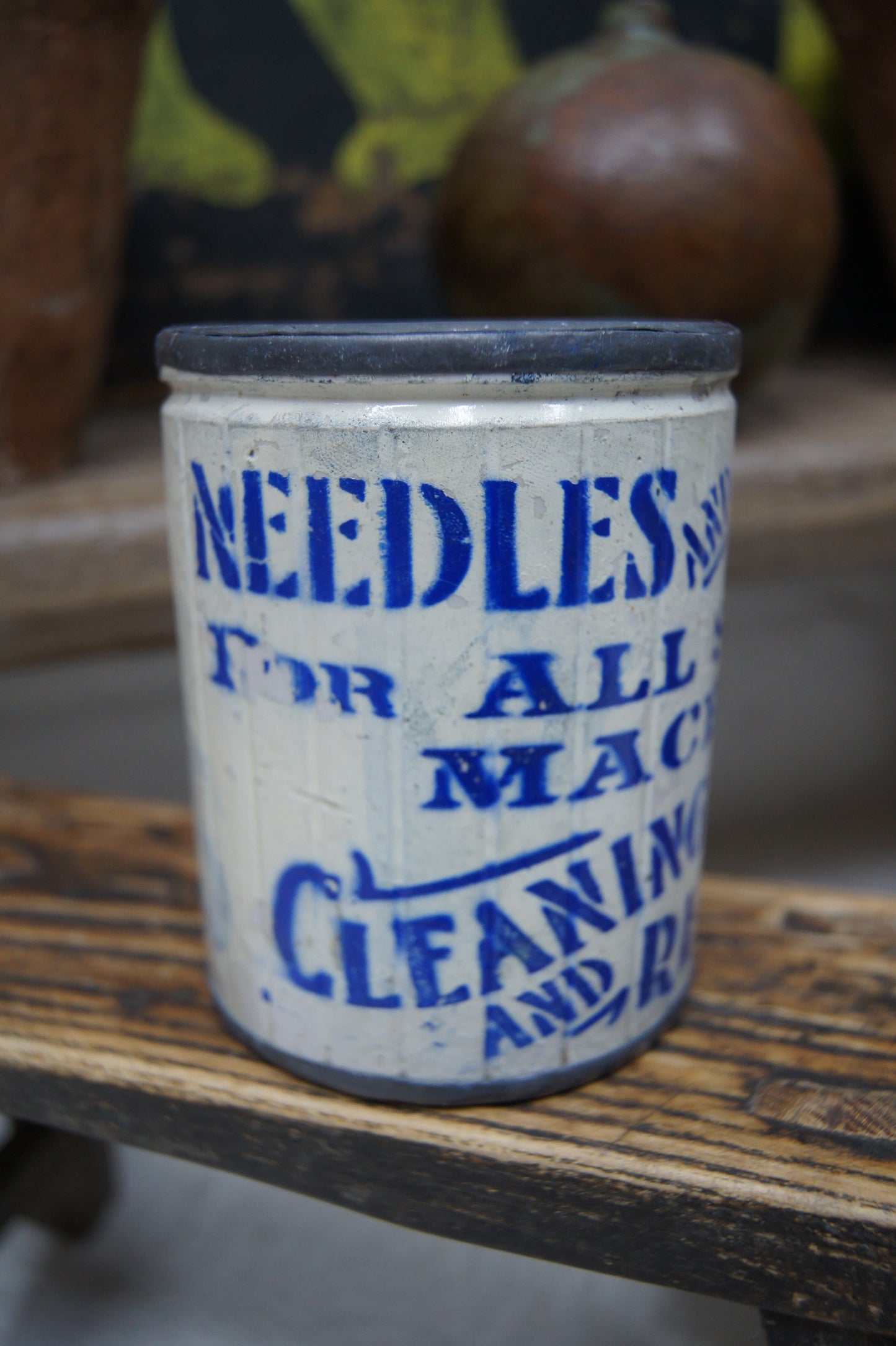 Vintage Stoneware Pot with Metal Rim