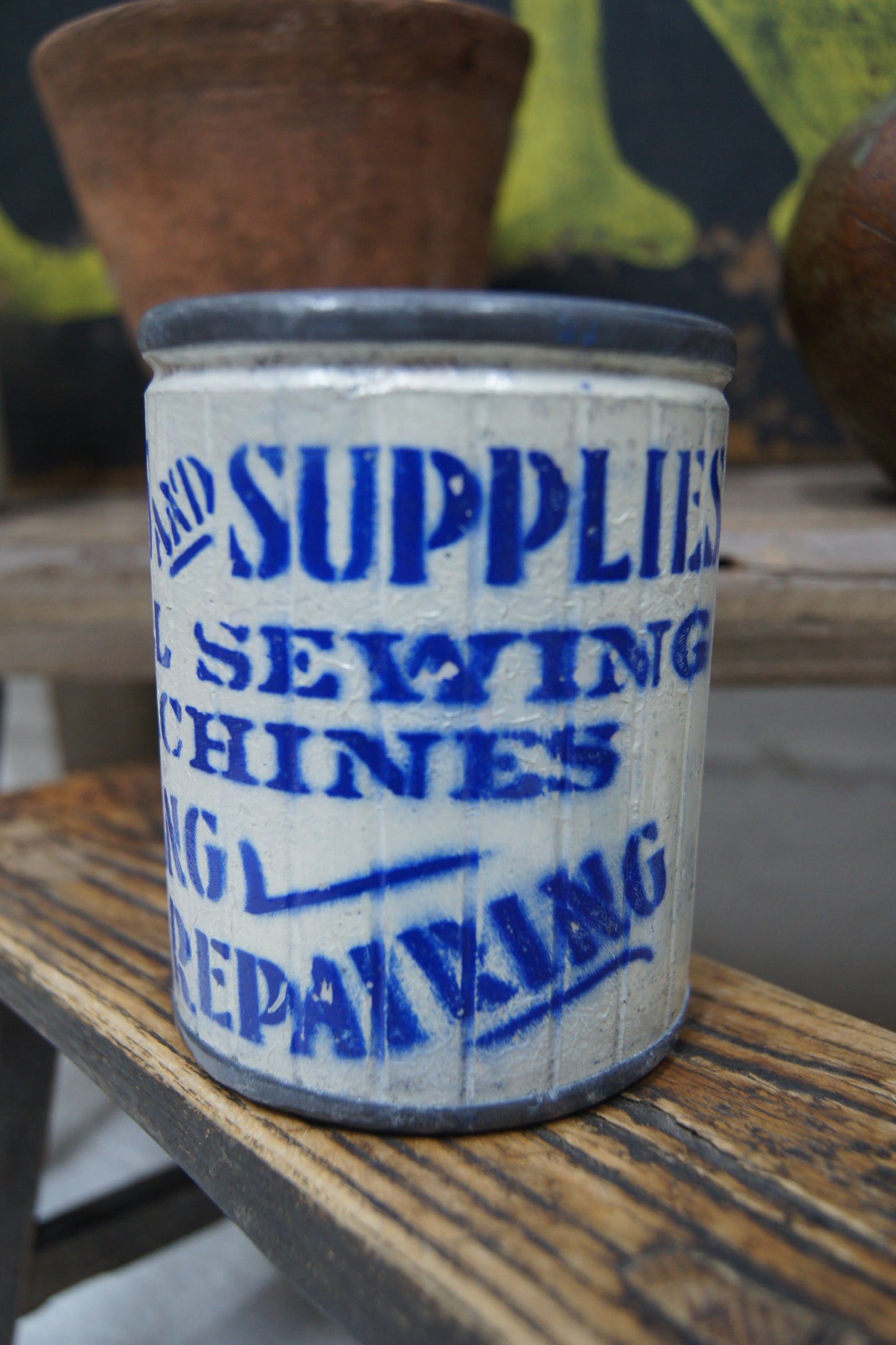 Vintage Stoneware Pot with Metal Rim