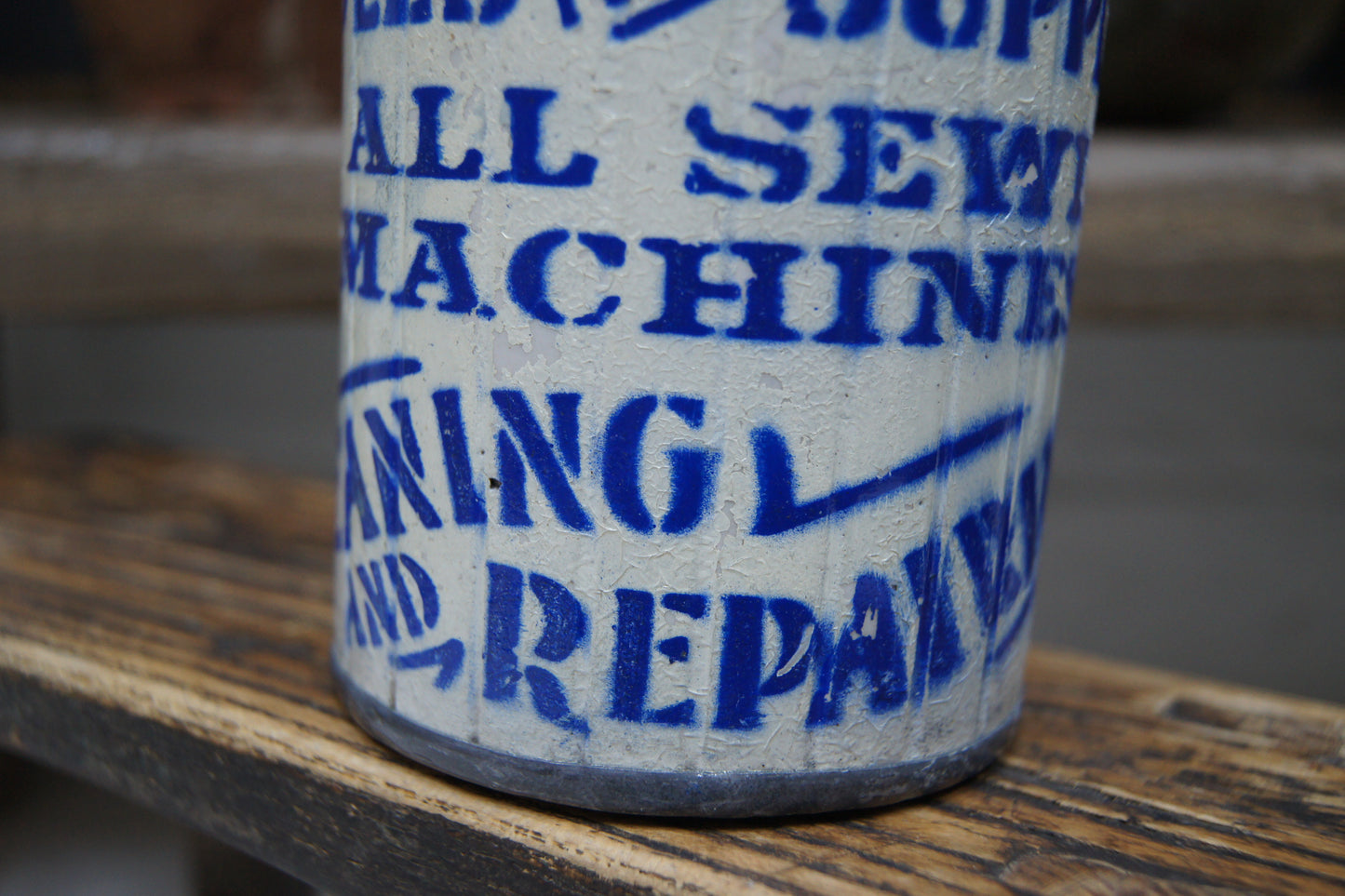 Vintage Stoneware Pot with Metal Rim