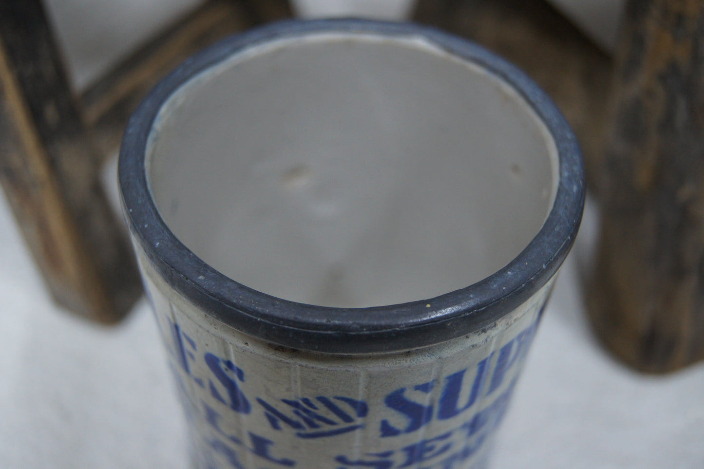 Vintage Stoneware Pot with Metal Rim