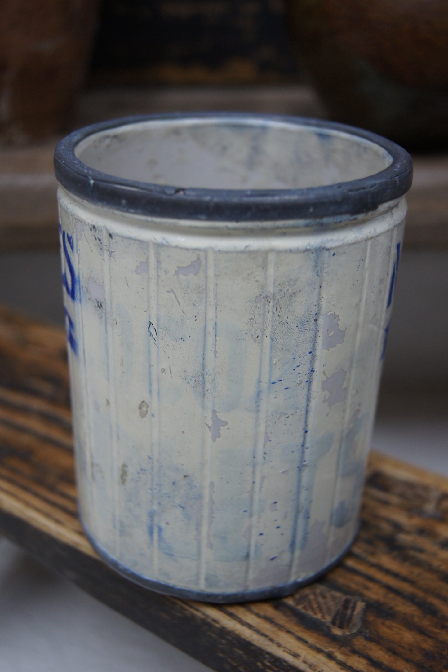Vintage Stoneware Pot with Metal Rim