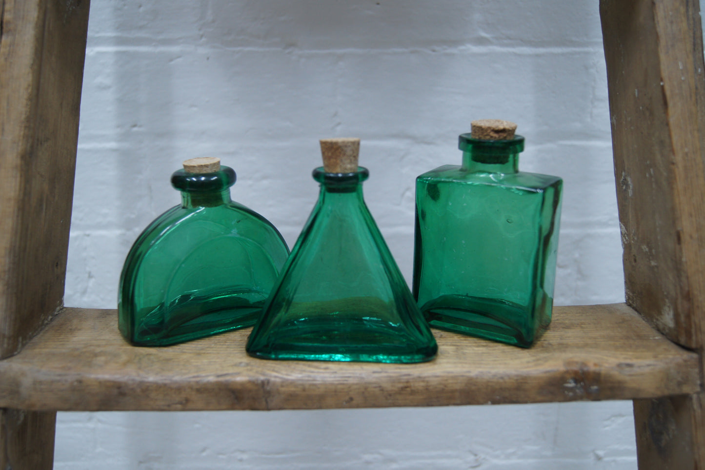 Set of 3 Vintage Green Glass Bottles