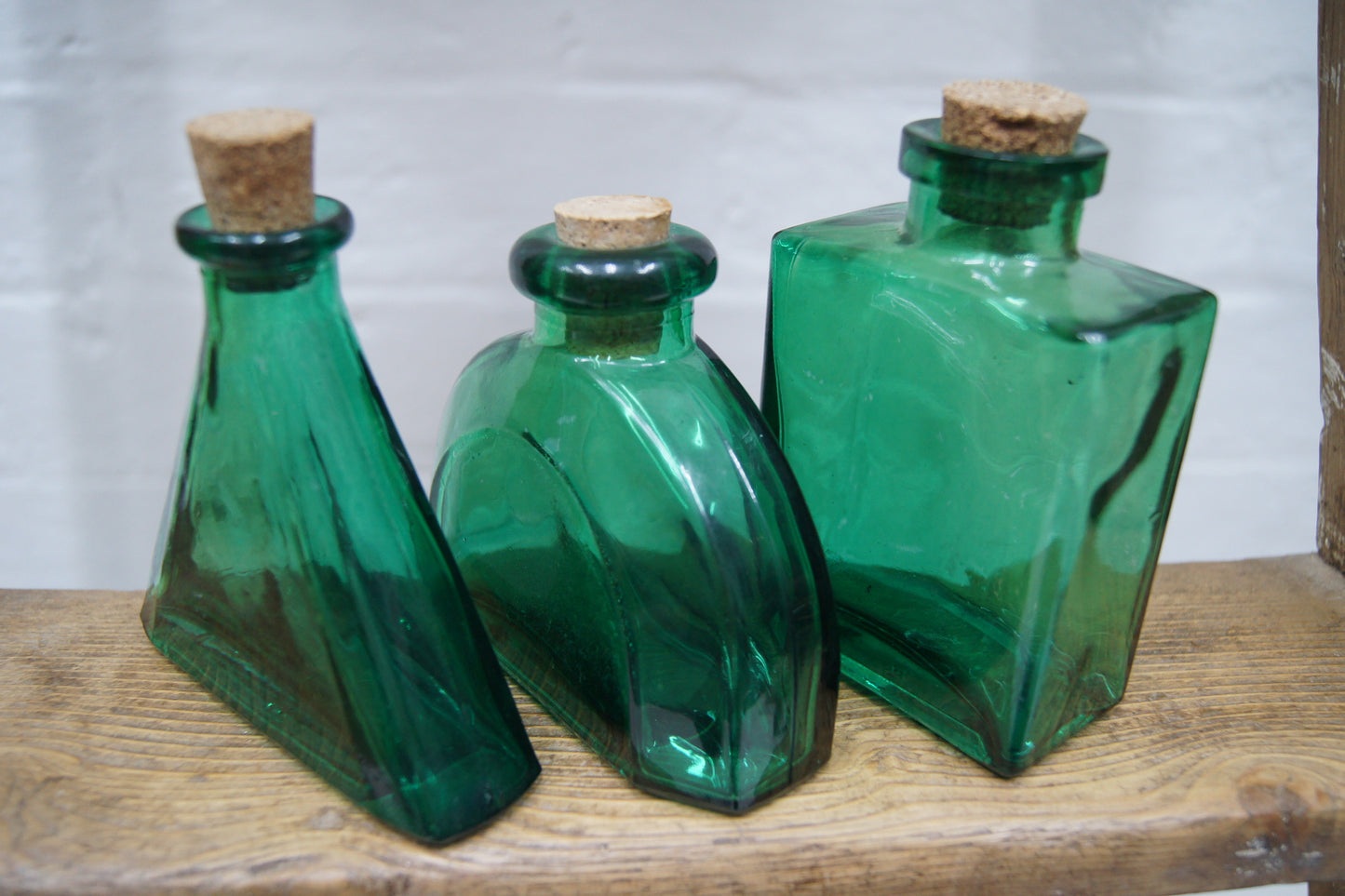Set of 3 Vintage Green Glass Bottles