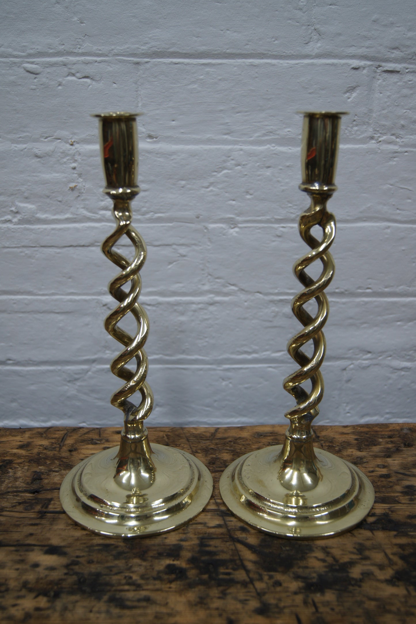 Pair of Victorian Open Barley Twist Brass Candle Sticks
