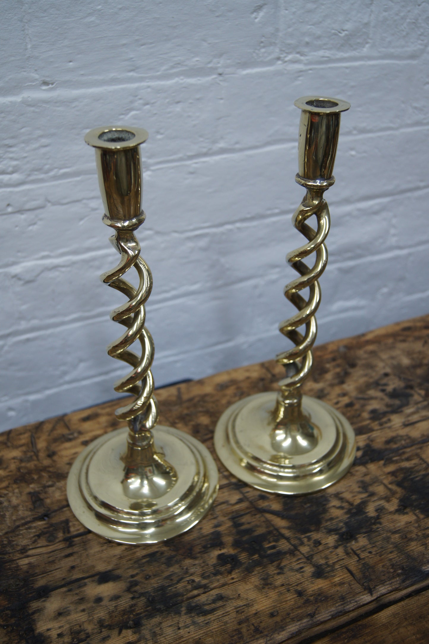 Pair of Victorian Open Barley Twist Brass Candle Sticks