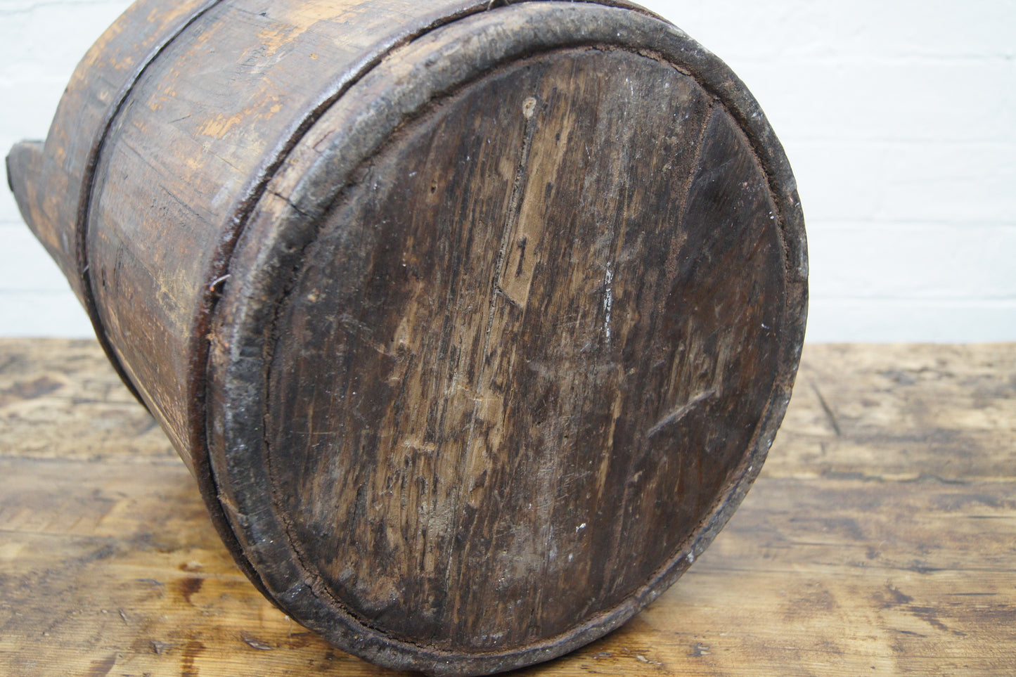Vintage Coopered Wooden Pine Well Bucket with Handle