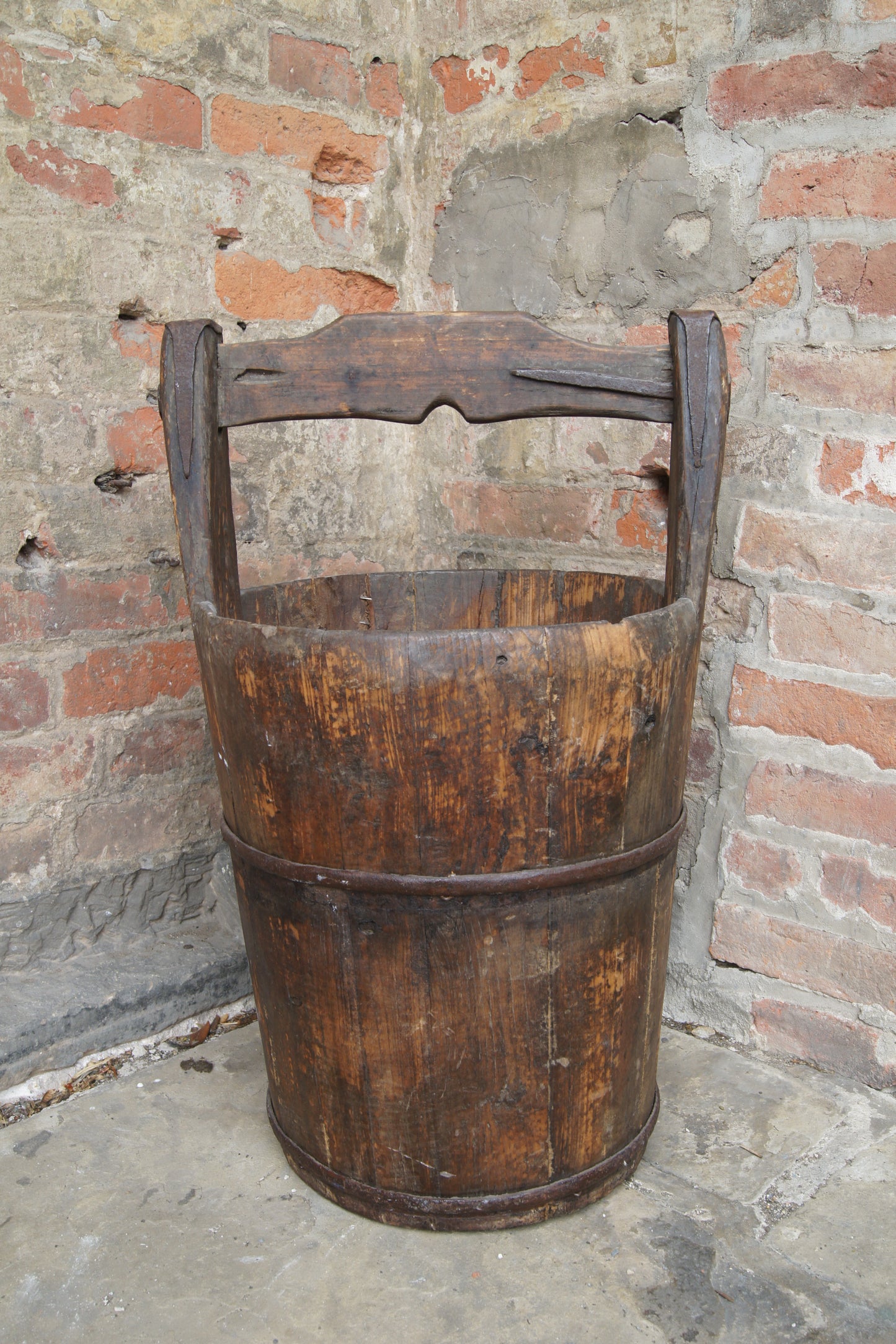 Vintage Coopered Wooden Pine Well Bucket with Handle