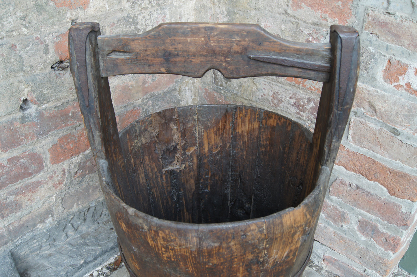 Vintage Coopered Wooden Pine Well Bucket with Handle