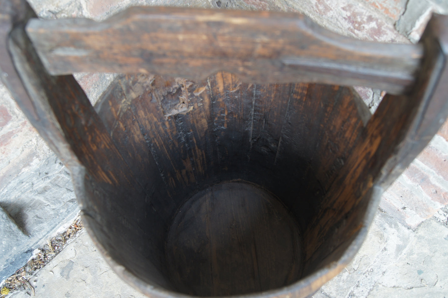 Vintage Coopered Wooden Pine Well Bucket with Handle