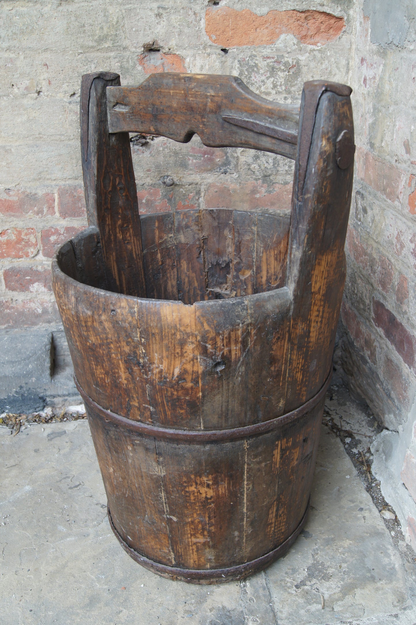 Vintage Coopered Wooden Pine Well Bucket with Handle