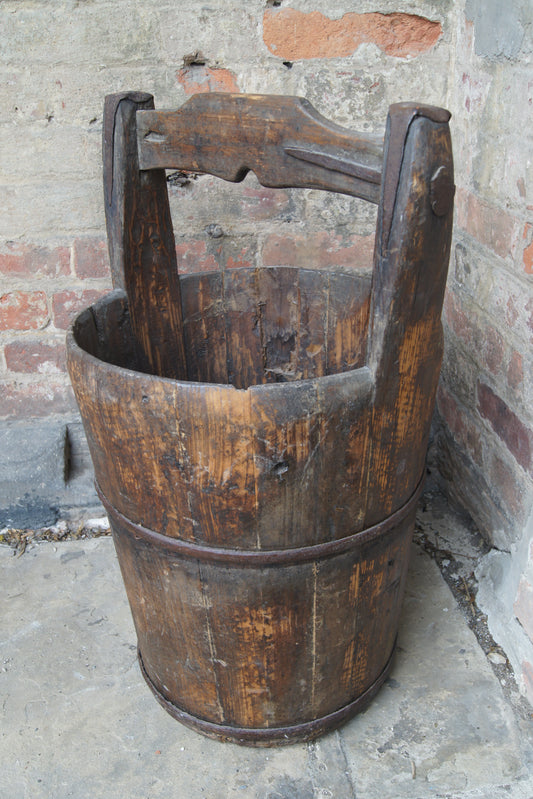 Vintage Coopered Wooden Pine Well Bucket with Handle