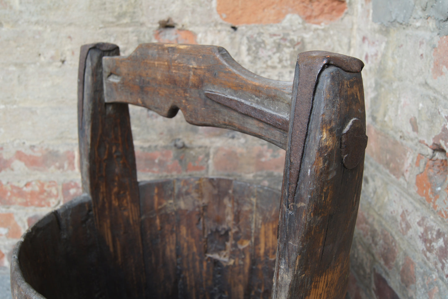 Vintage Coopered Wooden Pine Well Bucket with Handle