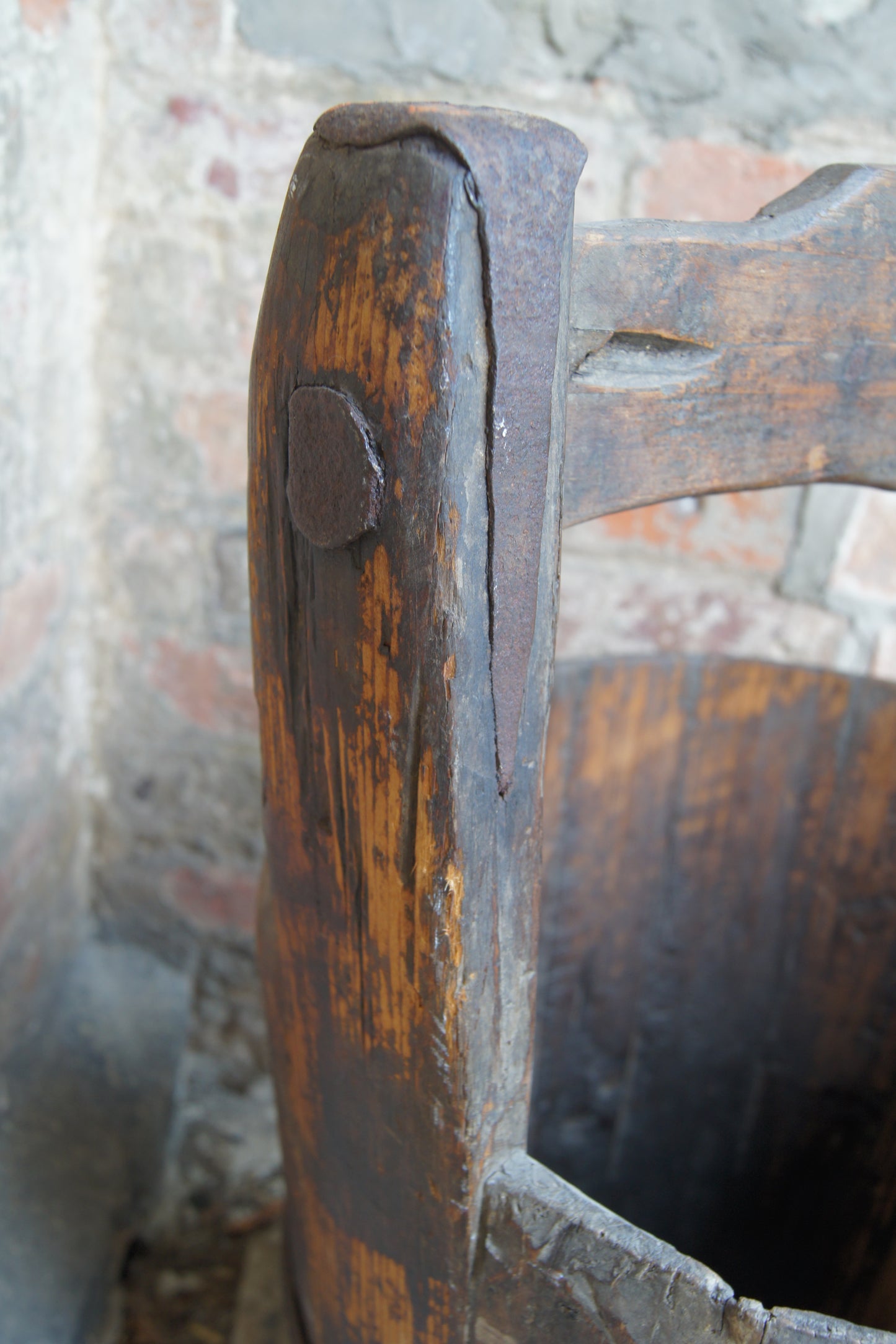 Vintage Coopered Wooden Pine Well Bucket with Handle