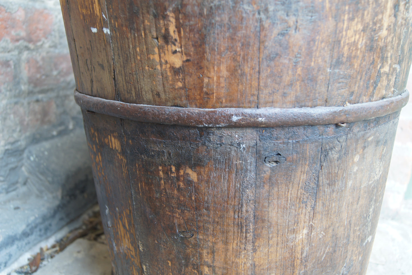 Vintage Coopered Wooden Pine Well Bucket with Handle